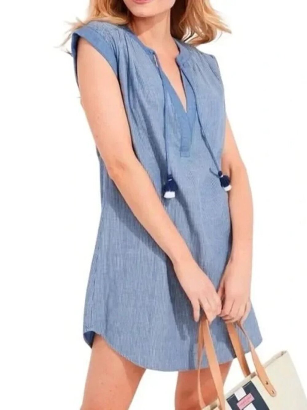 Vineyard Vines Blue Bell Stripe Smocked Tassel Tunic Dress/Cover Up